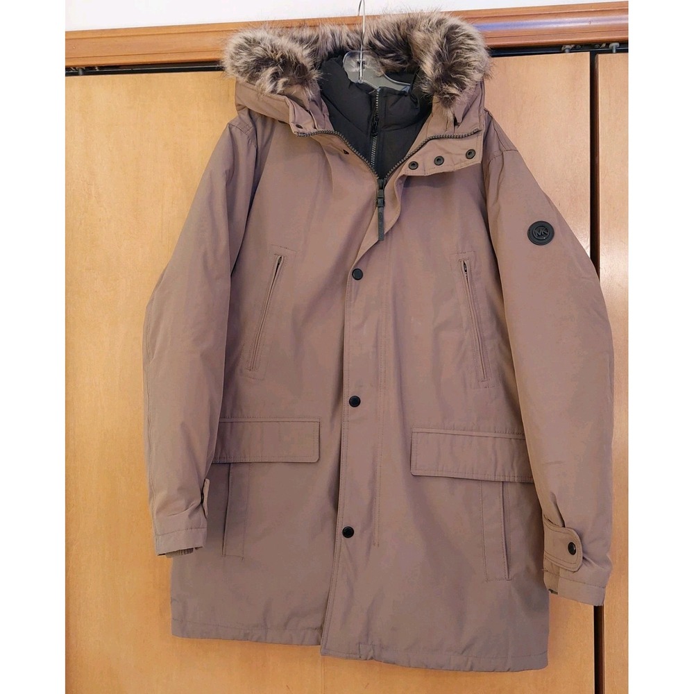Michael Kors Men's Heavyweight Hooded Bib Snorkel Parka Coat Beige Sz Large $375 - Picture 2 of 16